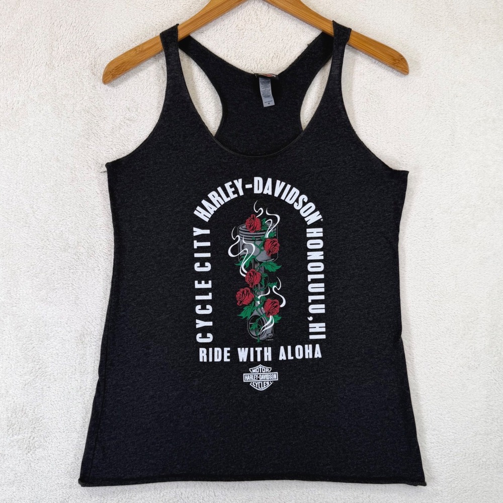 Harley-Davidson Honolulu Cycle City Ride With Aloha Rose Piston‎ Tank Top Medium
